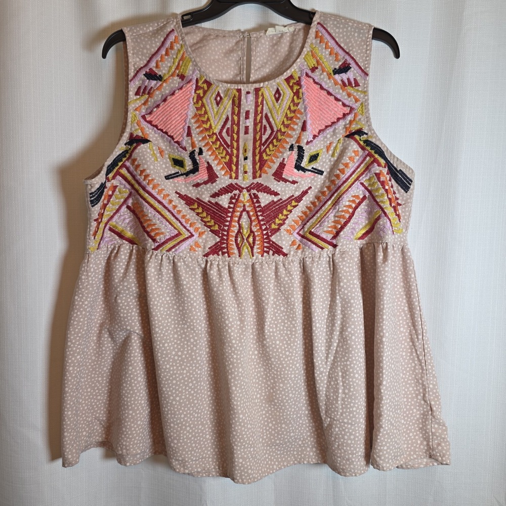 Entro Polka Dot Geometric Embroidered Peplum Sleeveless Top Size 2X Boho